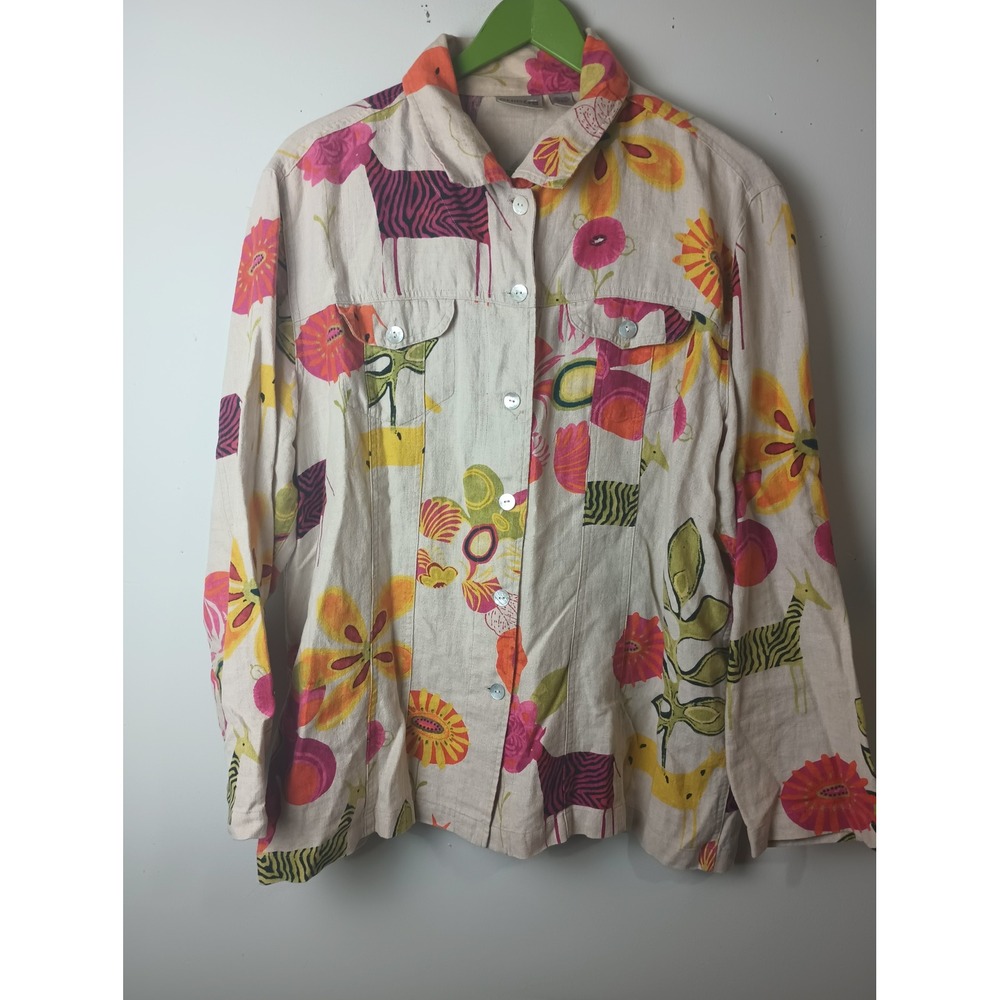 Chicos 100% Linen Animal Floral Print Button Up Jacket Beige Multi Size 3 XL